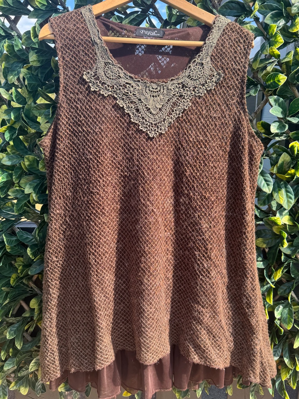 Papa Brown Crochet-Overlay Sleeveless layered Tunic with Lace Trim